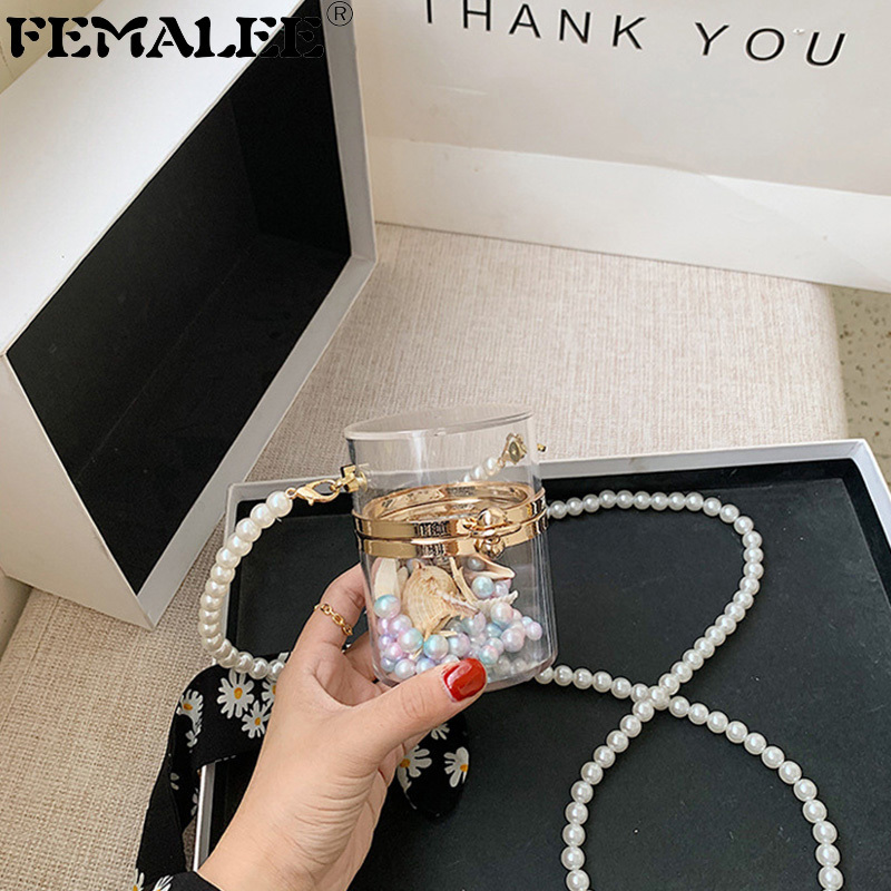 

Mini Transparent Pearl Chains Handbag Female New Ins Fashion PVC Clear Bucket Tote Women Acrylic Messenger Bag Coin Purse Q1208