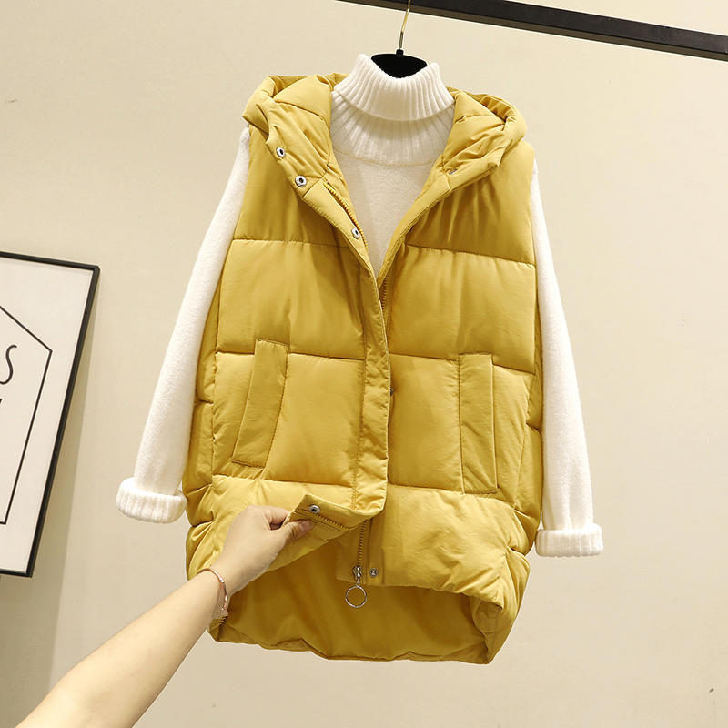 

Autumn Winter Vest Female Loose Hooded Sleeveless Down Cotton Vest Women Coat Outerwear Waistcoat Casual Short Warm Vest Q2622 210204, Creamy-white vest