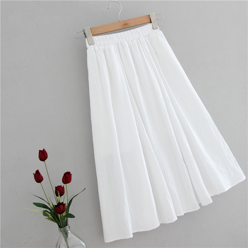 

2021 New High Waist Medium Length Cotton Jacquard Skirt Boho Jupe Summer Woman W03q, White
