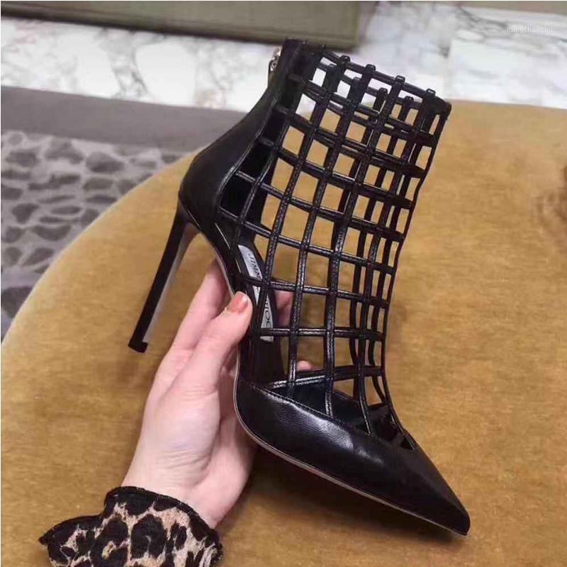 

White high heels women's 2021 summer new pointy hollow zipper breathable cool boots fine heel grid gladiator sandals fashion1, Black -7cm