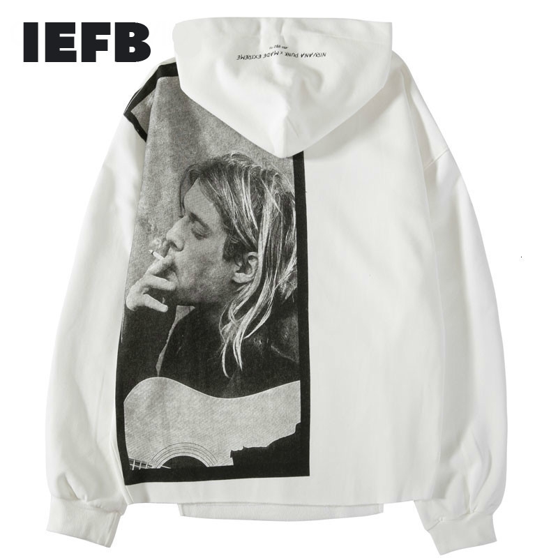 

IEFB / Kurt Cobain Print Hoodie Men Hip Hop Casual Punk Rock Pullover Hooded Sweatshirts Streetwear Fashion Tide Tops 9A283 201113, Black