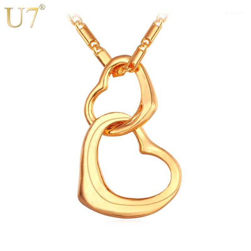 

U7 Romantic Heart To Heart Necklace Women Gift Gold/Silver Color Double Pendant Lover's Jewelry Trendy P5601