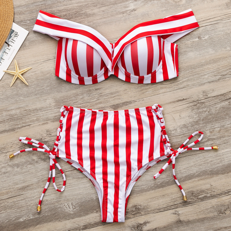

2021 New High Waist Sexy Swimwear Swimsuit Push Up Bikini Set Bandeau Beach Bathing Swimming Suit for Women Biquini Hx08, Red