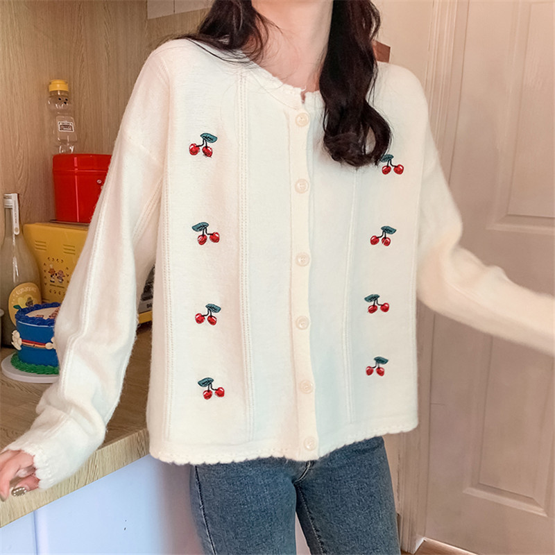 

2021 Sweet Overized Cardigan New Korean Style Released Cherry Embroidered Lazy Female Blouses Beige Autumn Mesh Coat W0O3, Blue