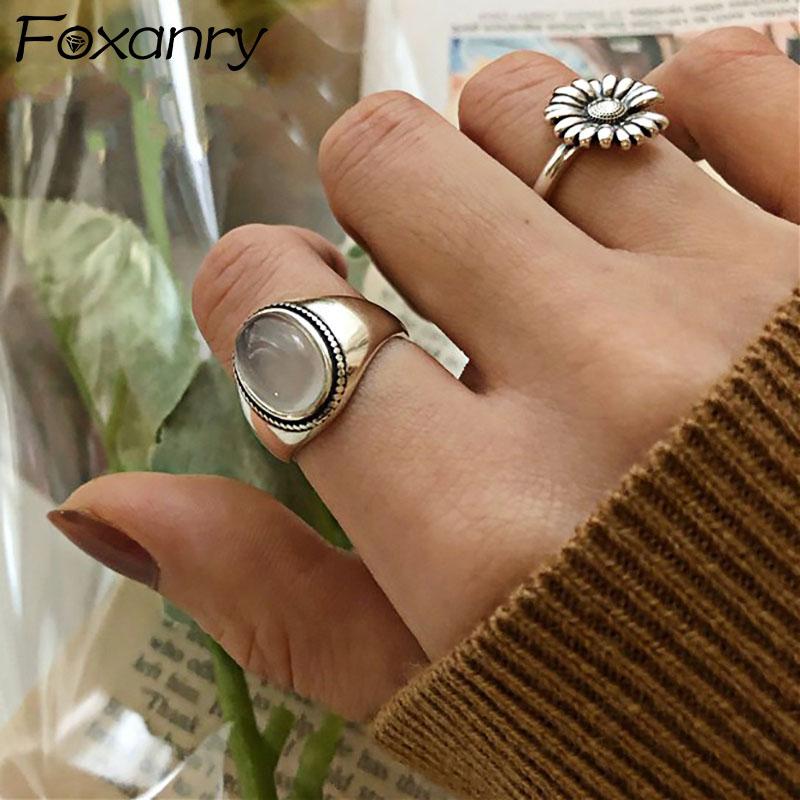 

Foxanry 925 Sterling Silver Couples Rings for Women Trendy Vintage Handmade White Agate Elegant Wedding Party Jewelry Gifts