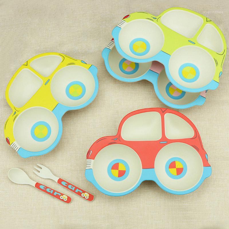 

3 PCS Lovely Children's Tableware Set Baby Kids Cartoon Car Shape Plate Dish With Fork Spoon Bamboo Fiber Dinnerware Set1