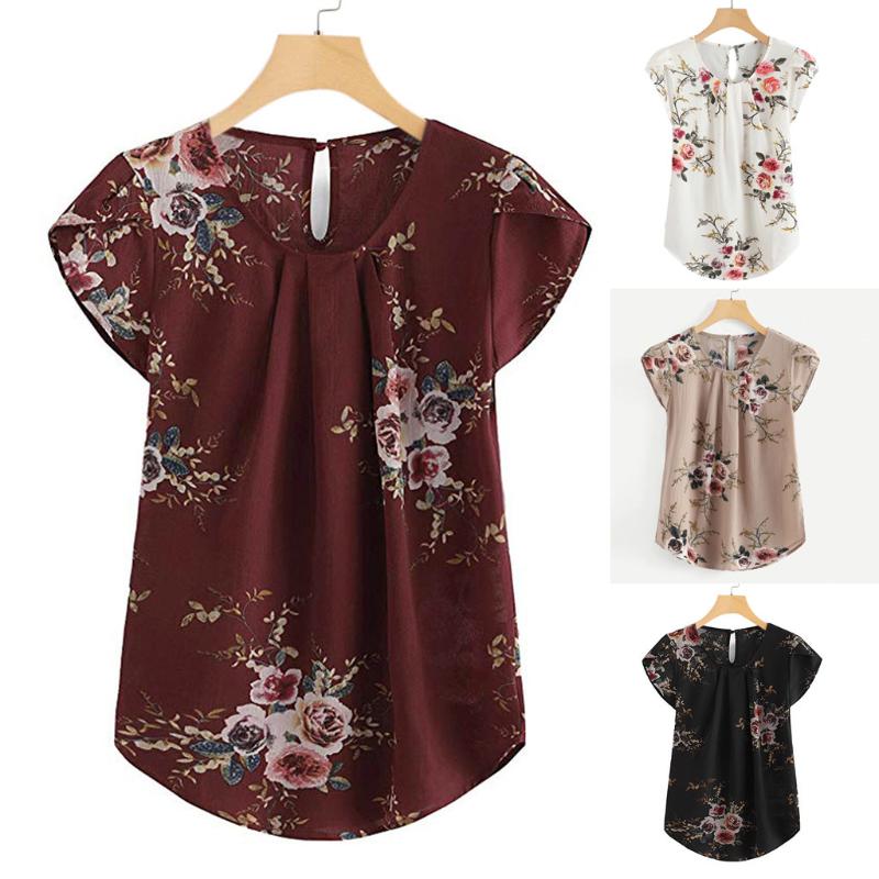 

Womail Fashion Women Casual O-Neck Short Sleeves Irregular Blouses Ladies Elegant Fashion Floral Printed Pleated Shirts Tops, We