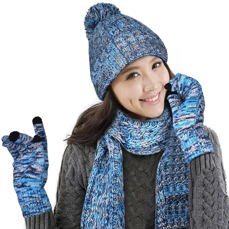 

2021 Winter Keep Warm Hats Woman Autumn Winter New Fashion Beanies Knitted Woolen Print Hat Girl Female Thickened Scarf Cap 3pc