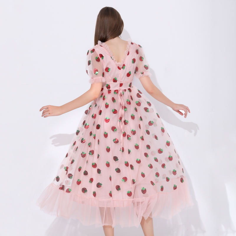

Sequins Strawberry Dress Women Elegant Long Dress V Neck Puff Sleeve Mesh Sexy Party Dresses Vintage Floral Dress Women Robe H1210, Strawberry blouse