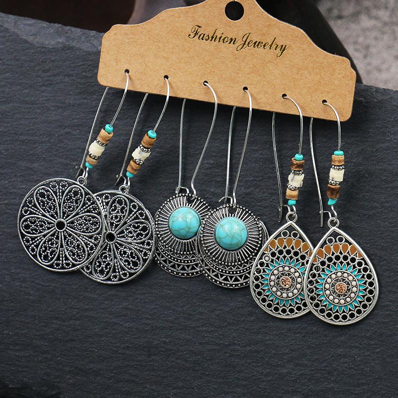 

Bohemian Retro Style Alloy Fashion 3-Piece Earrings Round Geometric Pendant Earrings 2020 Gypsy Jewelry