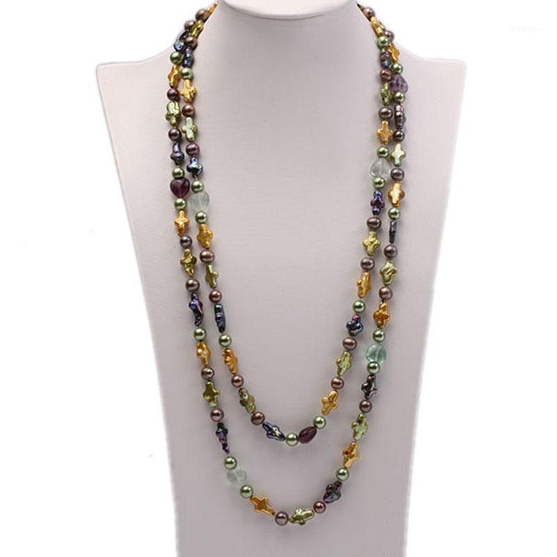 

JYX Pearl Long Necklace women 10-15mm Multicolor Cross Freshwater Pearl with Crystal Opera Necklace 60"1