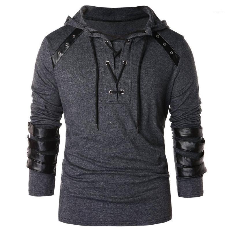 

Men PU leather patchwork bandage gothic hip hop punk hooded t-shirt hoodie male vintage lace up street rock tee shirts, Gray