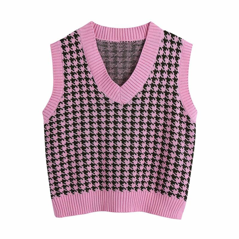 

Women Autumn Plaid Pullovers Vest Sweaters 2020 Sleeveless V-Neck Loose Knitted Female Fashion Street Waistcoats Sweater Clothes, Black