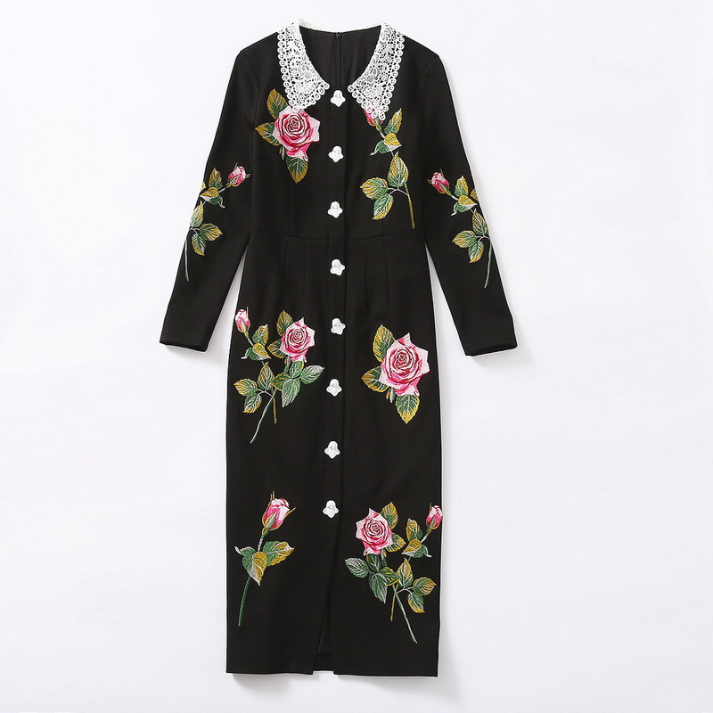 

1130  2021 Runway Dress Brand Same Style Dress Long Sleeve Lapel Neck Dress Black Womens Clothes Luxury Fashion SH