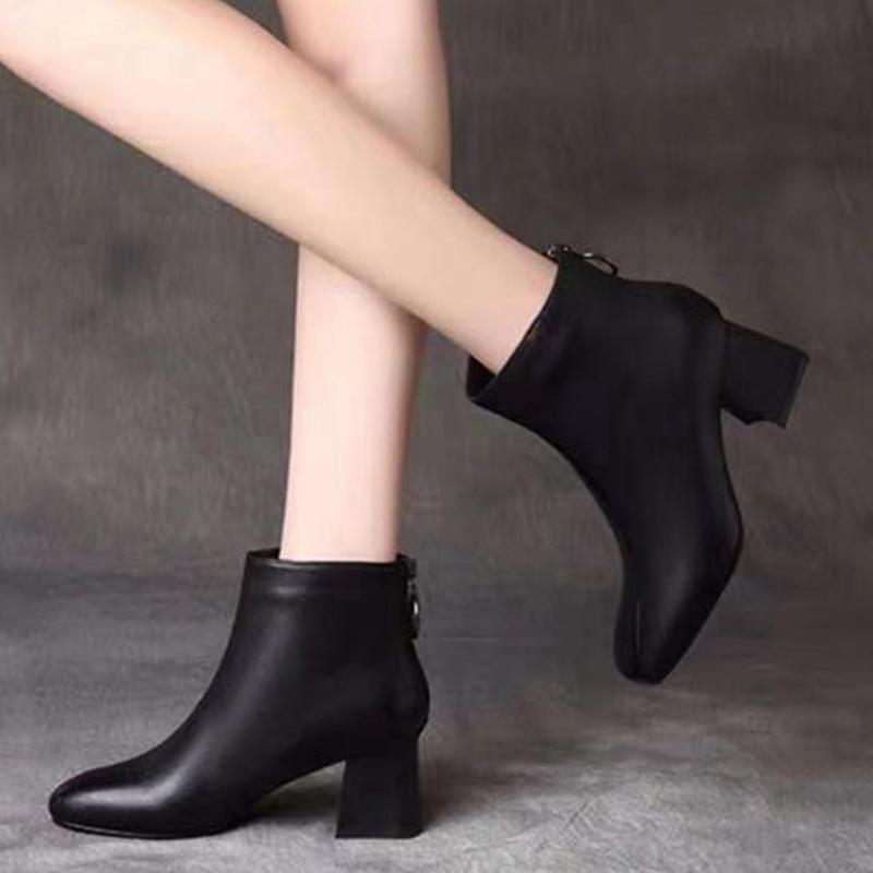 

DoraTasia New Fashion Ladies Thick High Heels Ankle Boots Square Toe Zip Boots Women 2020 Autumn Concise Daily Shoes Woman, Black