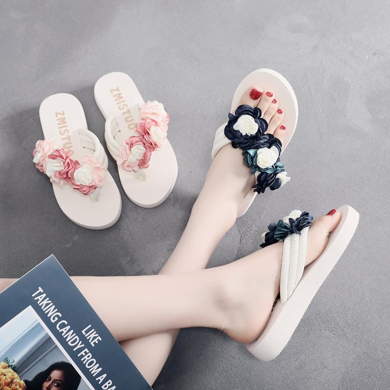 

On A Wedge Female Shoes Low Slippers Women Summer Slides Flower Platform 2021 Fabric Rubber Floral Rome PU Basic Hoof Heels