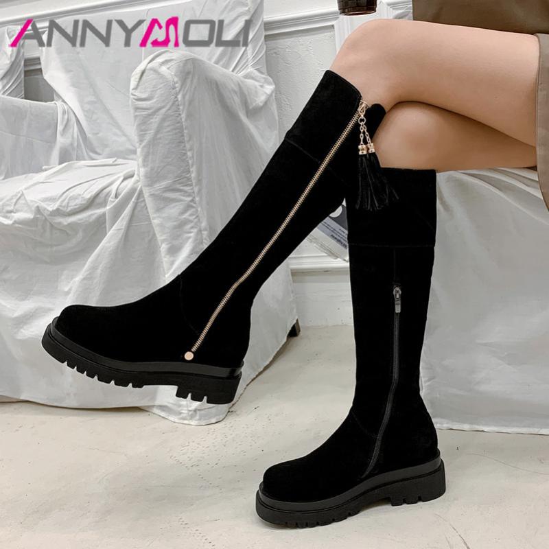 

ANNYMOLI Cow Suede Real Leather Platform Block Heels Knee High Boots Women Fringe Zip Fashion Boots Shoes High Heel Long, Black