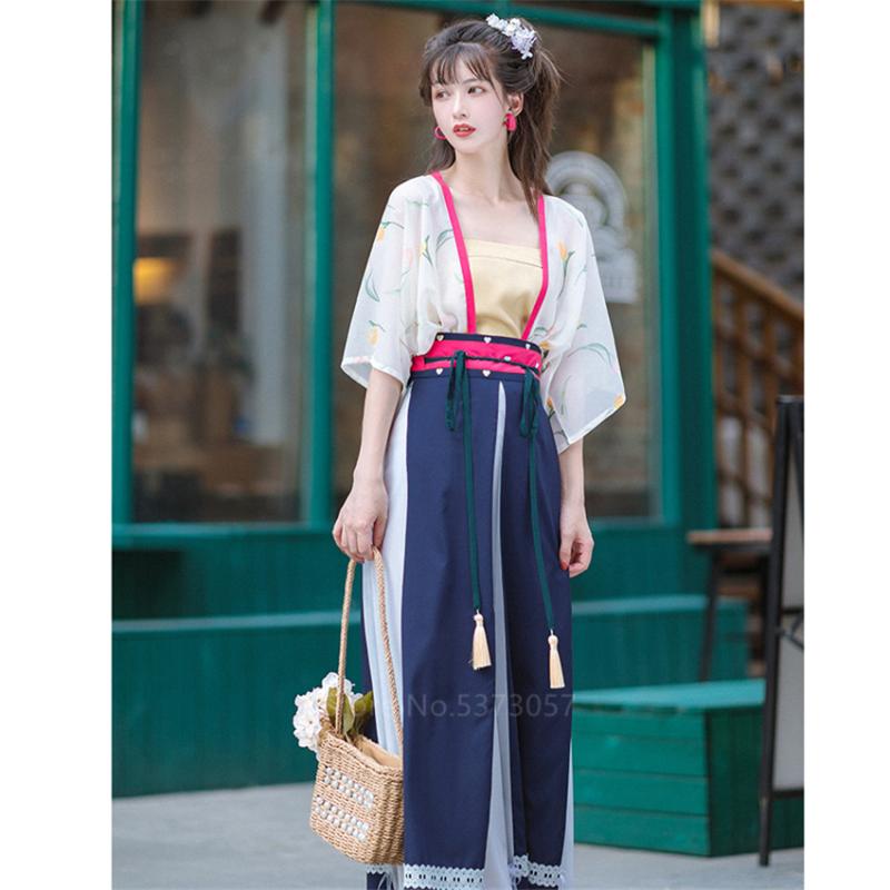 

2020 New Style Women Japanese Traditional Embroidered Yukata Kimono Tops Skirt 2 Pieces Sets Cosplay Costume Daily Improve Dress