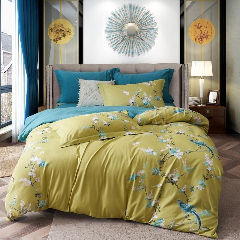 

Vintage Birds Leaves Pattern Yellow Duvet Cover Queen King 4Pcs Thick Brushed Cotton Ultra Soft Bedding Bed Sheet set Pillowcase, Color 1