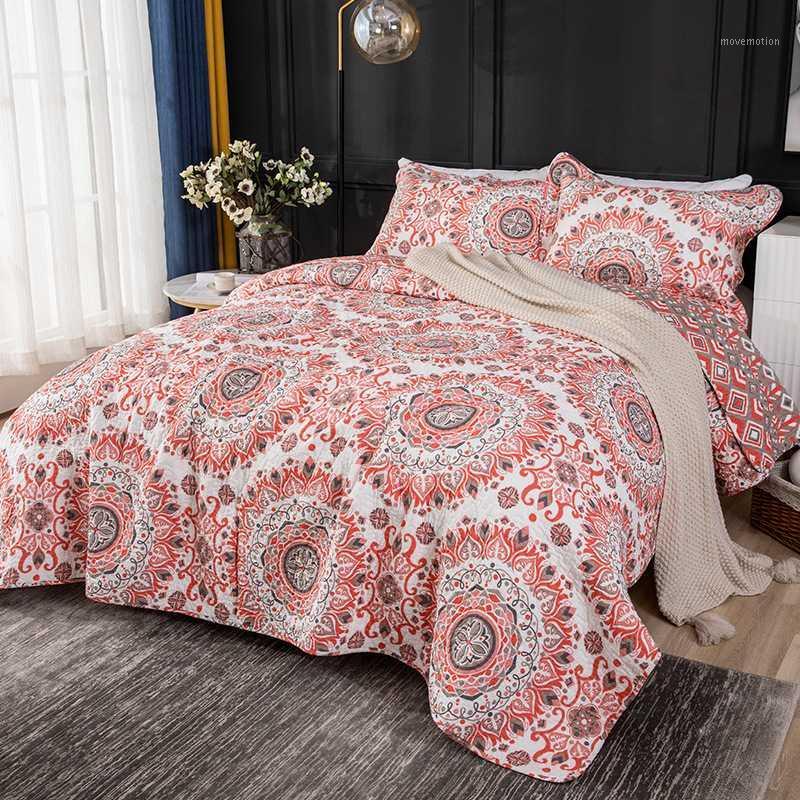 

CHAUSUB Bedspreads For Bed Quilt Set 3PCS Orange Print Cotton Quilts Bed Cover Pillowcase  Queen Size Coverlet Blanket1