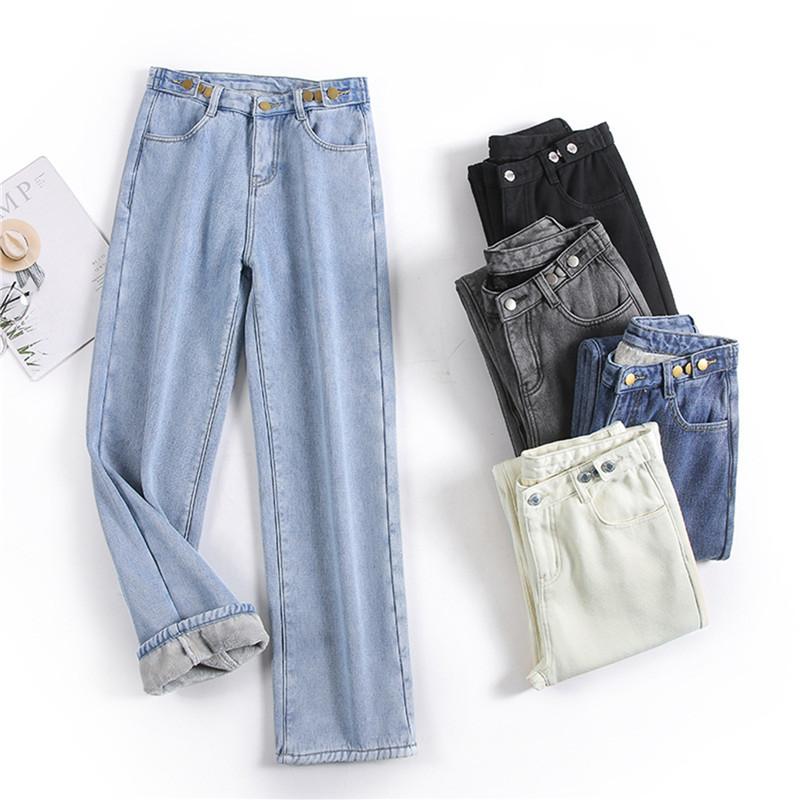 

Women Straight Pants High Waist Plush Winter Jeans Loose Blue Denim Trousers, Black