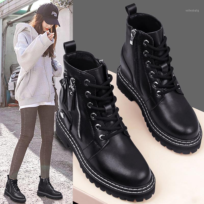 

Winter New Inner Increase Genuine Leather Boots Zipper Boots Women British Style All-match Thick-soled Women's Shoes1, Black-autumn style