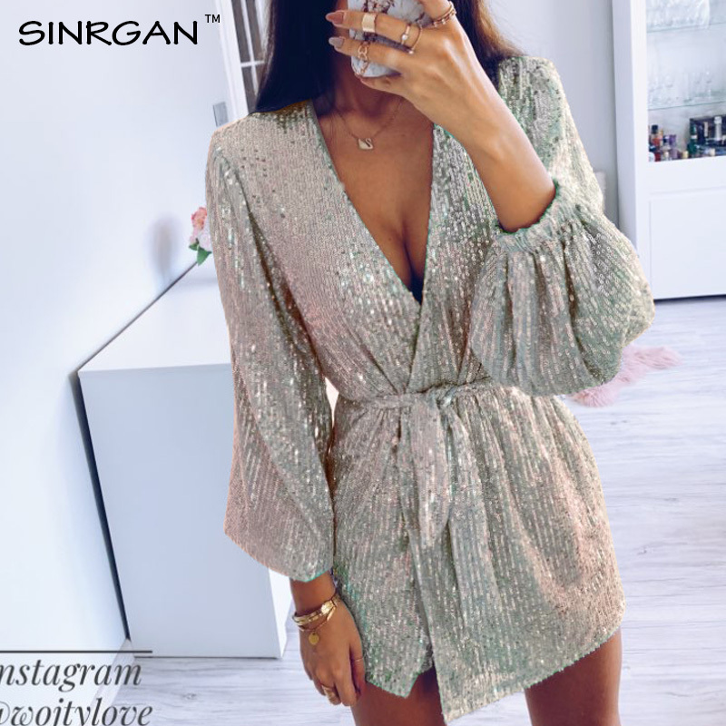 NANKEY Party Silver Glitter Sequin Dress Women Evening Sexy Body Occasion Wrap Dress Sashes V Neck Mini Vestidos 201126Z