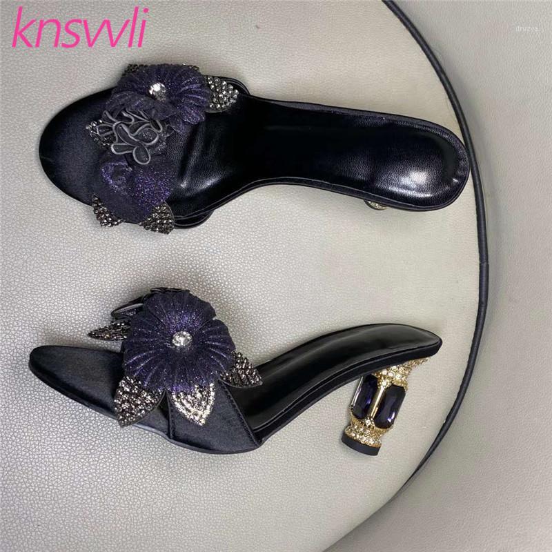 

Flowers Decoration Mules High Heels Summer Women Sandals Crystl Glass Studded Heel Party Shoes Strange Style Heel Slippers Woman1, Black