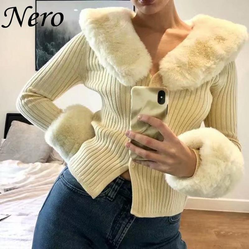

Solid Color Knitted Cardigan Y2K Elegant Sweaters With Fur Trim Collar Slim Top Skinny Knitwear Ribbed Knitted Ladies Outfit, Green