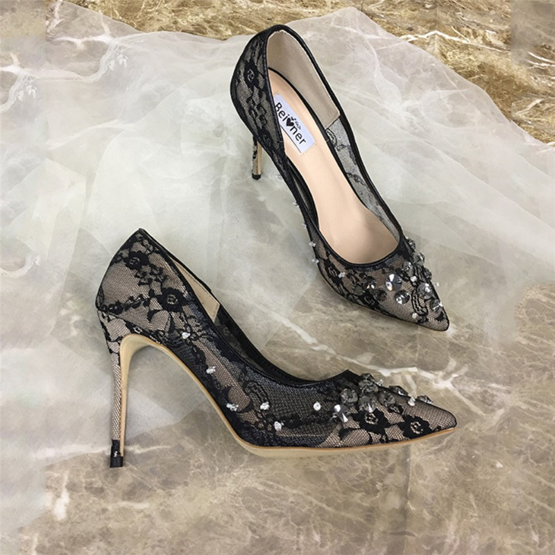 

of Free Shipment Fashion Women Lady Black Lace Crystal Finger Bombs Foot Point High 10 in Stiletto Heels Bride Shoes Mtm7, 35