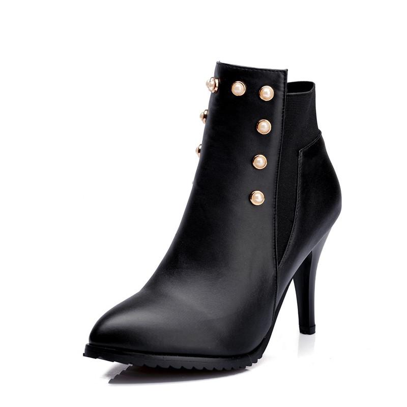

Rivets Pointed Toe Winter Women Boots Black Red High Heels Warm Ankle Boots for Women Shoes Sexy Ladies Shoes XKD2041