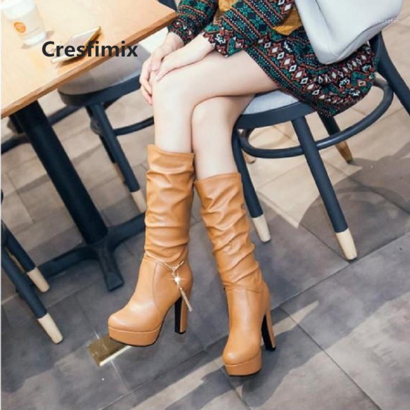 

Boots Bottes Femme Women Cool Comfortable Autumn Brown Long Lady Fashion Sweet High Heel Flack Pu Leather E30701