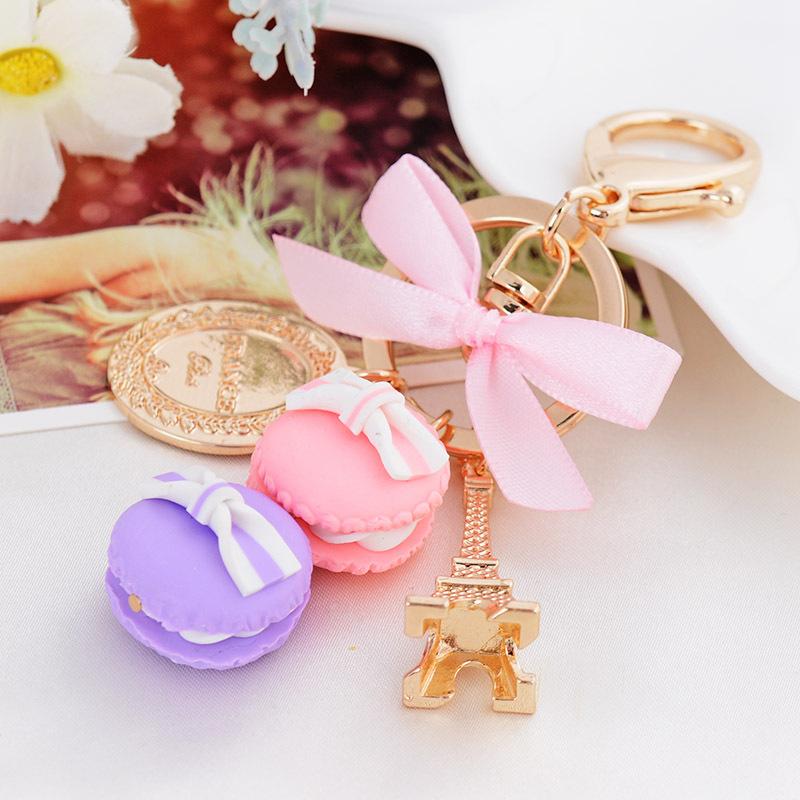 

Hot Creative Jewelry Double Macaron Cake Cion Eiffel Tower Pendant Keychains Keyrings Charms Gift For Women Children