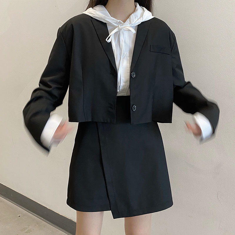 

2021 New 2 Korean style sleeve long black color women jacket and blazers with low v blazer womens (x1539) 4DW0, Black skirt