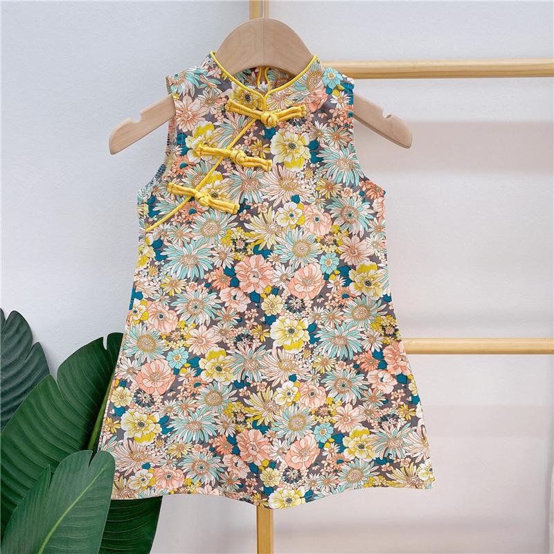 

New Arrival Kids Clothes Summer Baby Girls Dresses Chinese Floral Sleeveless Dresses Children Girls Clothing, Yellow