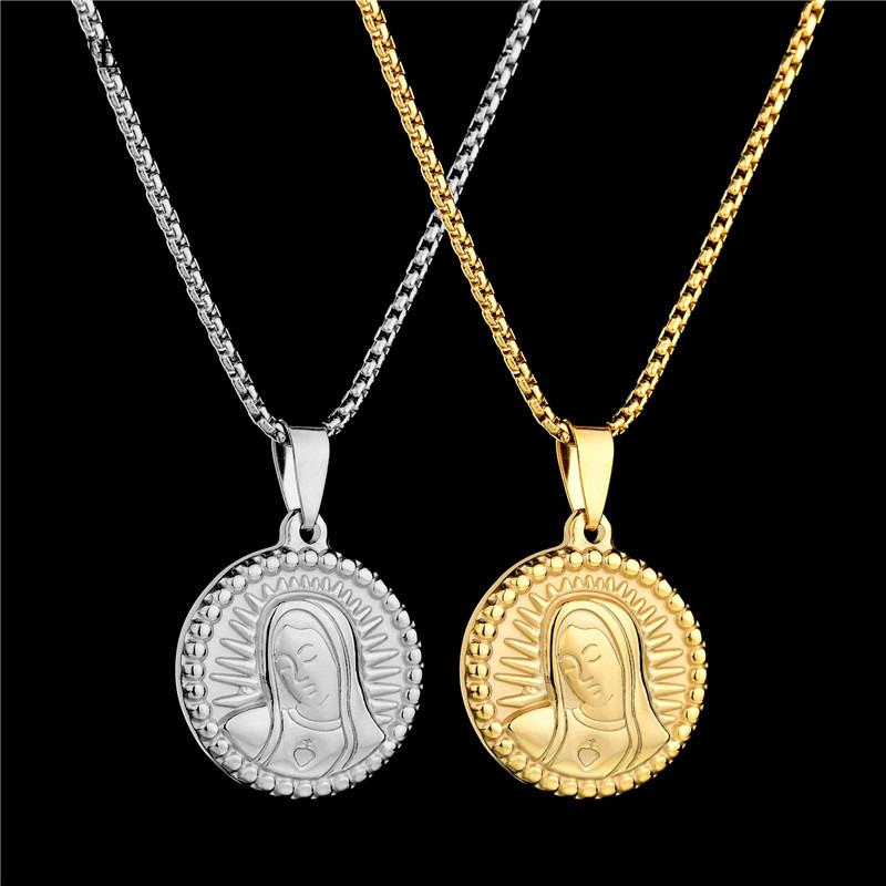 

UELF Boho Simple Charms Choker Necklace Women Virgin Mary Coin Pendant Fashion Stainless Steel Statement Jewelry Female
