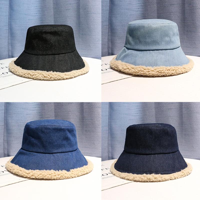 

Korean Women Winter Warm Vintage Denim Bucket Hat Thick Faux Fleece Lined Patchwork Wide Brim Sunscreen Panama Fisherman Cap, Bl