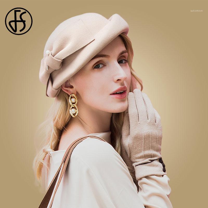 

FS Vintage 100% Wool Fedora Hat Women Wedding White Berets 2021 Winter Black Hats Pearls Ladies Felt Bow Pillbox Hat1