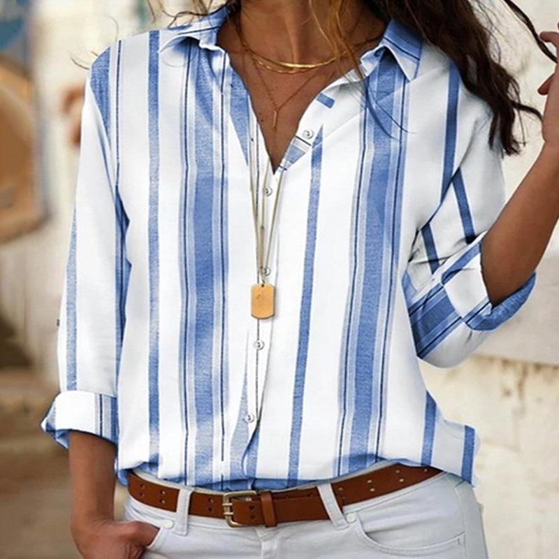 

2020 Chiffon Blouse Women Long Sleeve Striped Shirt Turn Down Collar Office Shirt Casual Tops Blouse Female Plus Size 5XL, Blue