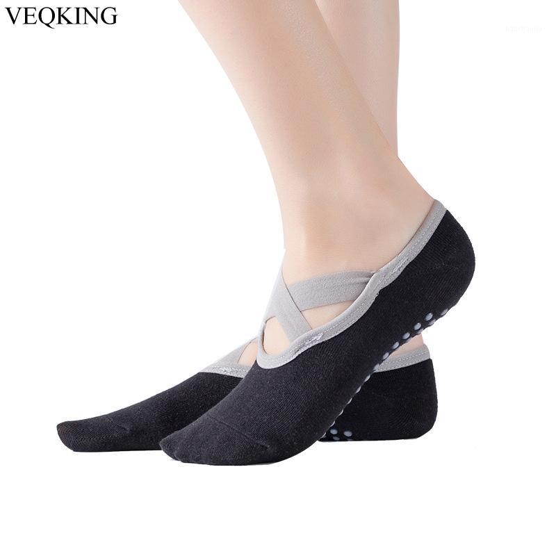 

VEQKING Cross Strap Anti-Slip Yoga Socks Slippers,Women Cotton Gym Sports Socks,Backless Breathable Yoga Ballet Fitness Socks1, Rose