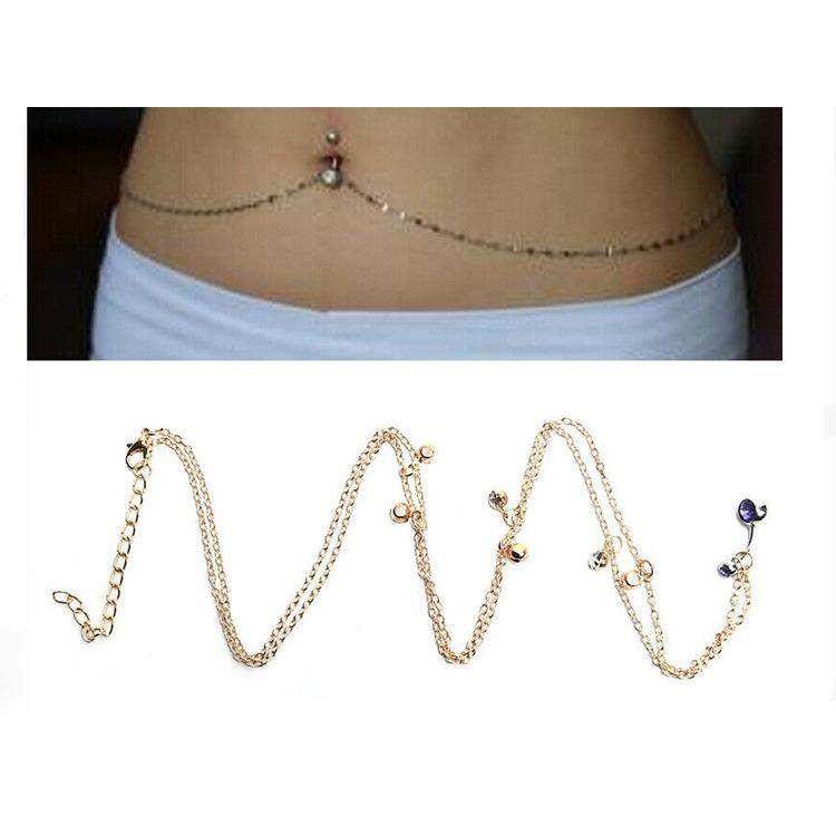 

Popular piercing accessories belly dance long electroplated double drill Navel button waist chain, Silver
