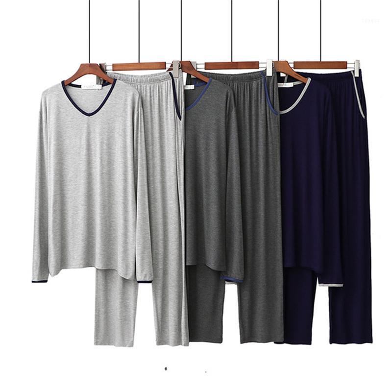 

Pajamas 2020 modal male spring and autumn long-sleeved trousers Korean V-neck loose can be worn outside casual home service1, Gray