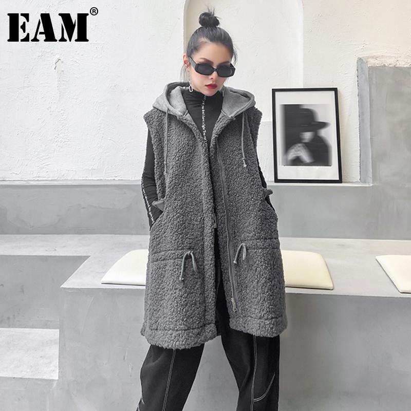 

EAM] Women Loose Fit Gray Big Size Faux Fur Pocket Vintage Vest New Hooded Sleeveless Fashion Tide Autumn Winter 2021 1DD0599, Black