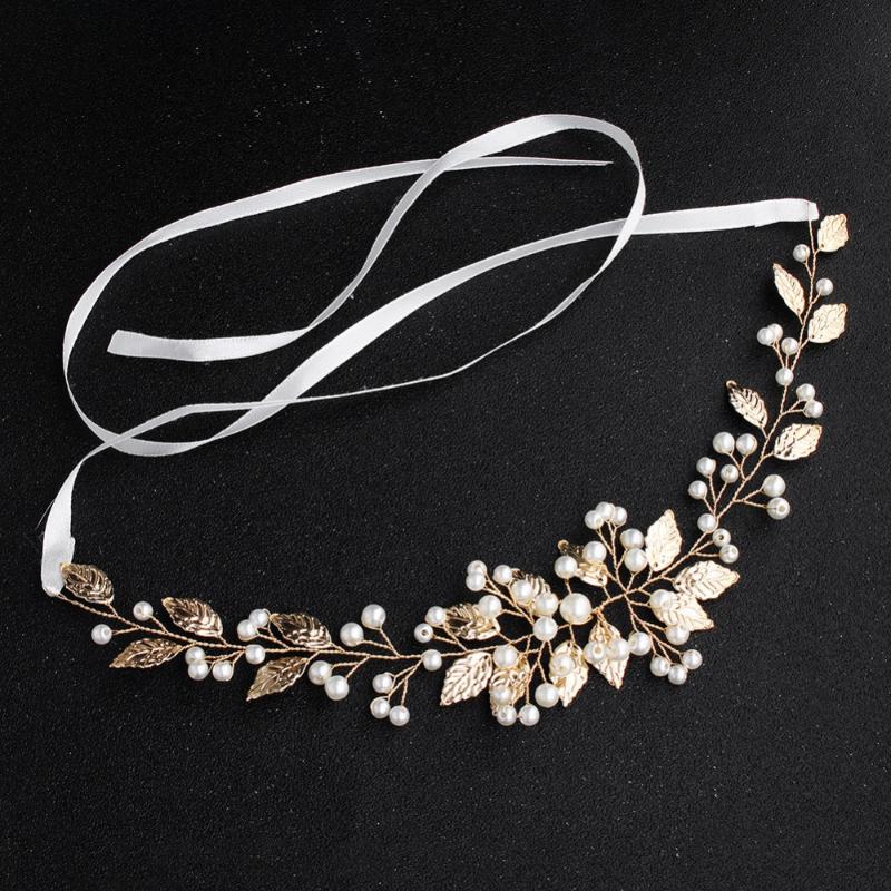 

Gold Color Long Leaf Headbands Pearl Simple Wedding Hair Accessories Women Bridal Head Decoration Hair Ornament
