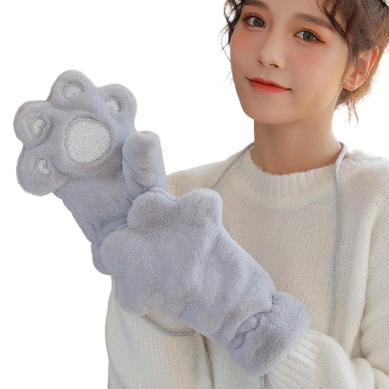 

Five Fingers Gloves Women Winter Thick Fluffy Plush Full Finger Cartoon Bear Warm Mittens J78E
