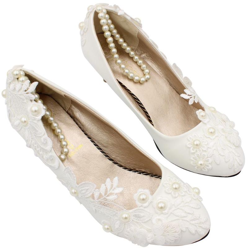 

Custom handmade 4.5CM/3CM/8.5CM low high heel bridal wedding shoes NQ195 ivory pearls ankle beading elastic band bridesmaid shoe, Flat heel
