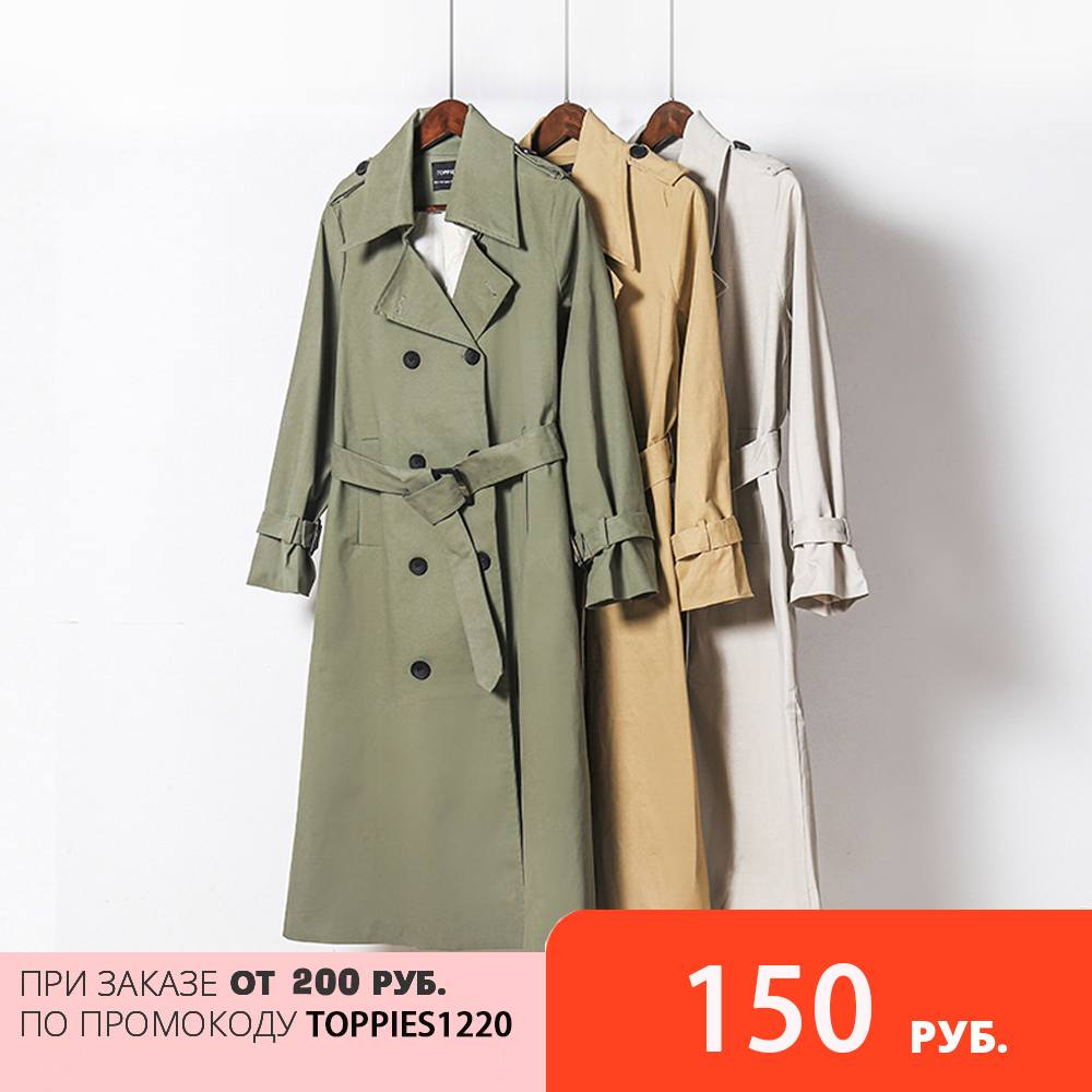 

Toppies 2021 Spring Long Trench Coat Women Double Breasted Slim Trench Coat Female Outwear Fashion Windbreaker, Gray beige