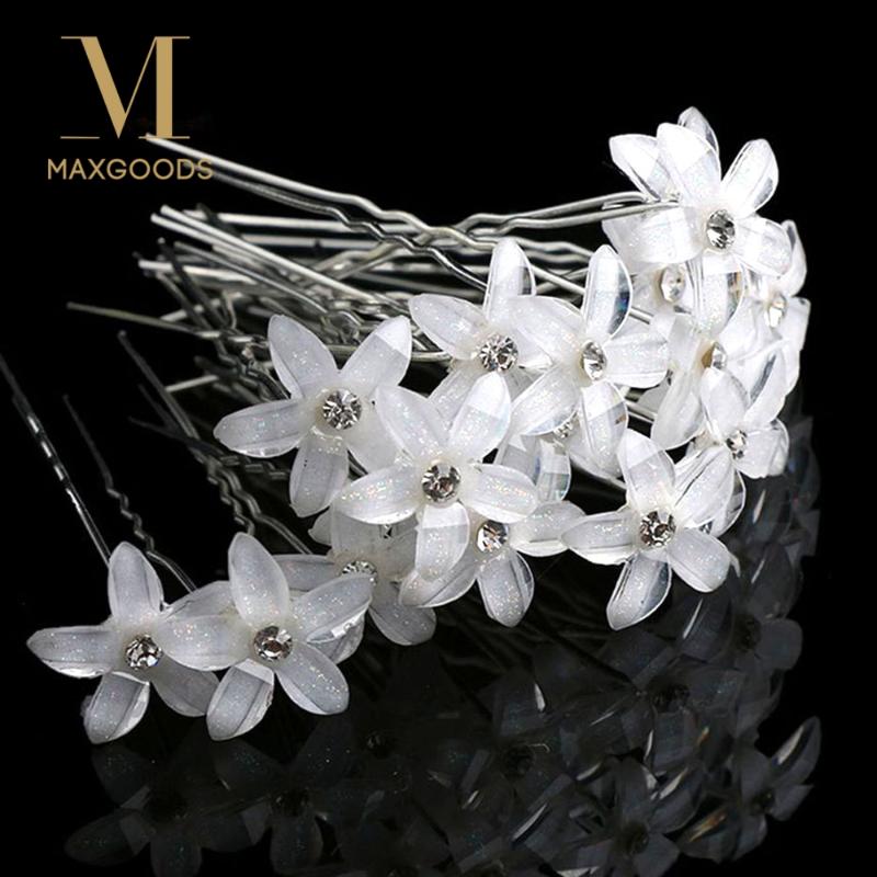 

20pcs/set White Flowers Hairpin Stick Wedding Women Bridal Crystal Flowers Hairpin U Shaped Hair Clip Hair Accessories Wholesale