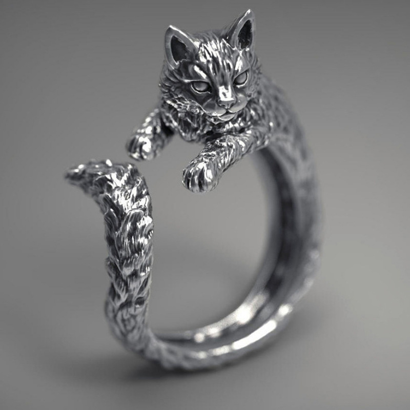 

s1966 fashion jewelry cat ring vintage black sliver opening adjustable cat ring