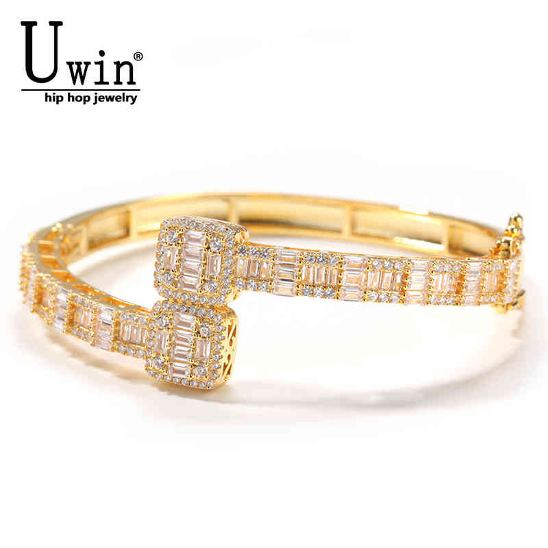 

Uwin Baguette CZ Bracelets Mens Bangles Iced Out CZ Gold Silver Color Luxury Box Clasp Drop 220210